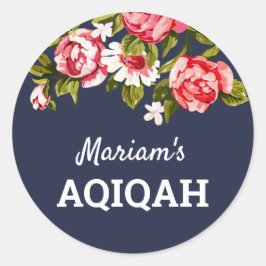 Elegant Bloemen Midnight Blue Baby Meisje Aqiqah Ronde Sticker