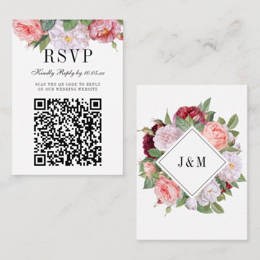 Elegant Bloemen Monogram Bruiloft QR Code RSVP Informatiekaartje (Voorkant / Achterkant)