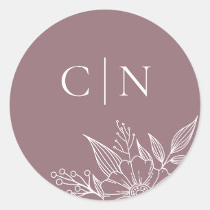 Elegant Bloemen Monogram Initialen Mauve Bruiloft Ronde Sticker