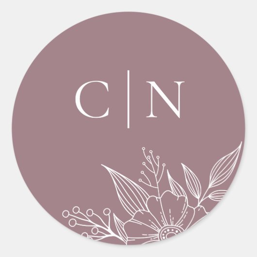 Elegant Bloemen Monogram Initialen Mauve Bruiloft Ronde Sticker (Voorkant)