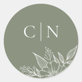 Elegant Bloemen Monogram Initialen Sage Bruiloft Ronde Sticker