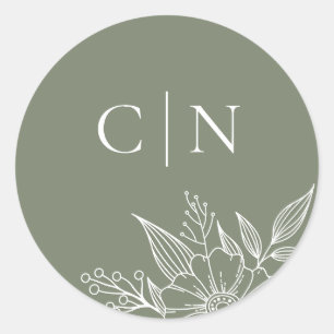 Elegant Bloemen Monogram Initialen Sage Bruiloft Ronde Sticker