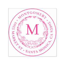 Elegant Bloemen Monogram Rond Terugkeeradres Zelfinktende Stempel