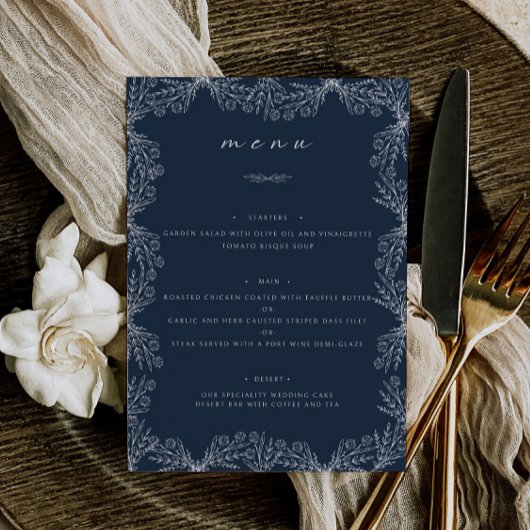 Elegant Bloemen Navy Blauw Bruiloft Tafel Diner Menu