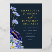 Elegant Bloemen Navy Blauw en Goud Folie Uitnodiging (Voorkant)