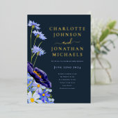 Elegant Bloemen Navy Blauw en Goud Folie Uitnodiging (Staand Voorkant)