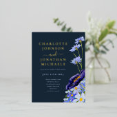 Elegant Bloemen Navy Blauw en Goud Folie Uitnodiging Briefkaart (Staand Voorkant)