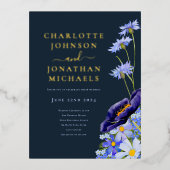 Elegant Bloemen Navy Blauw en Goud Folie Uitnodiging Briefkaart (Voorkant)