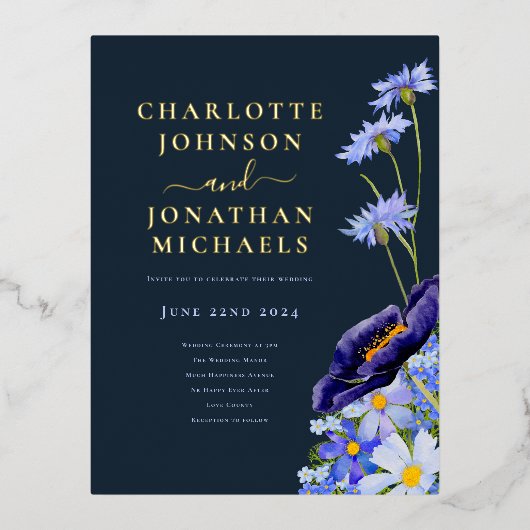 Elegant Bloemen Navy Blauw en Goud Folie Uitnodiging Briefkaart (Voorkant)