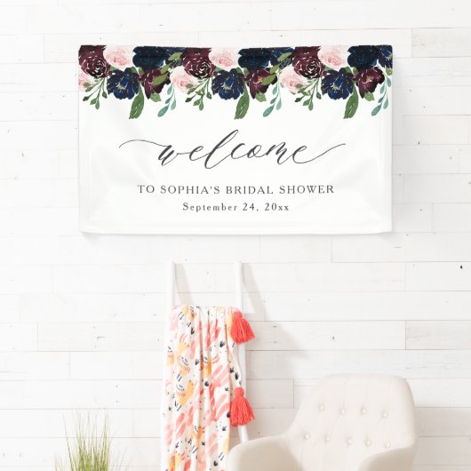 Elegant Bloemen Navy Blauw en Plum | Welkom Spandoek (Insitu)