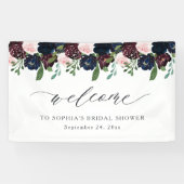 Elegant Bloemen Navy Blauw en Plum | Welkom Spandoek (Horizontaal)