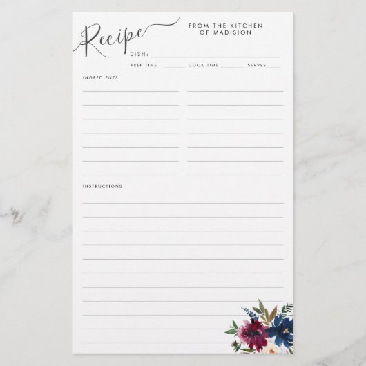 Elegant Bloemen Navy Blue Bourgondië Rood Recept K (Voorkant)