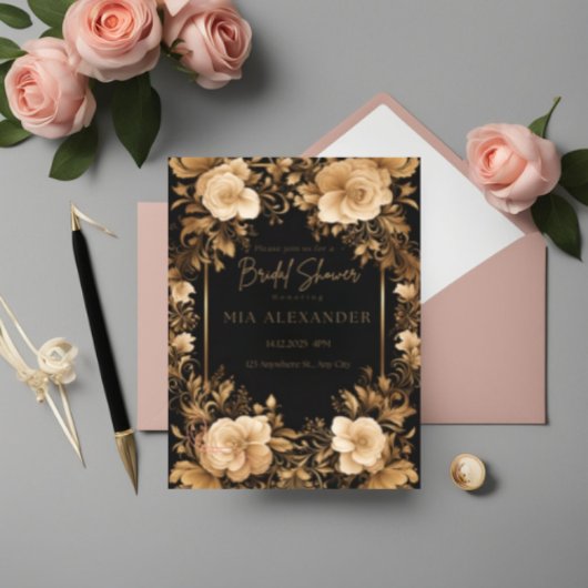 Elegant Bloemen: Opulent Zwart & Goud Vrijgezellen Kaart