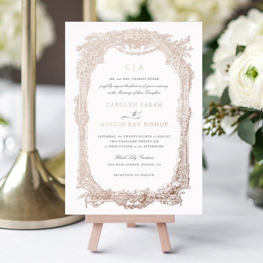 Elegant Bloemen  Ornament Lijst Bruiloft Goud Folie Uitnodiging