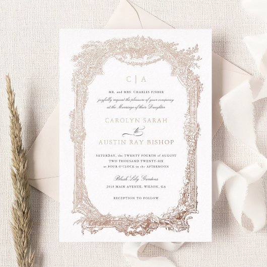 Elegant Bloemen  Ornament Lijst Bruiloft Goud Folie Uitnodiging