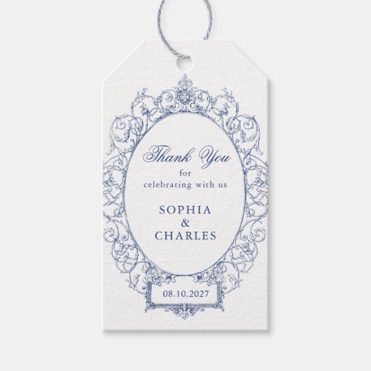 Elegant Bloemen Ornament Lijst Bruiloft Royal Blue Cadeaulabel (Voorkant)