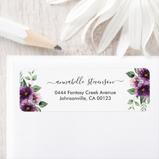 Elegant Bloemen Paarse Groene Bruiloft Etiket (Insitu)