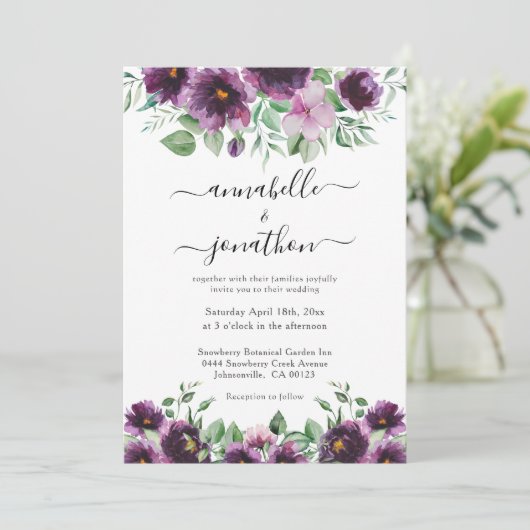 Elegant Bloemen Paarse Groene Bruiloft Kaart (Staand voorkant)
