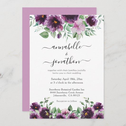 Elegant Bloemen Paarse Groene Bruiloft Kaart (Voorkant / Achterkant)