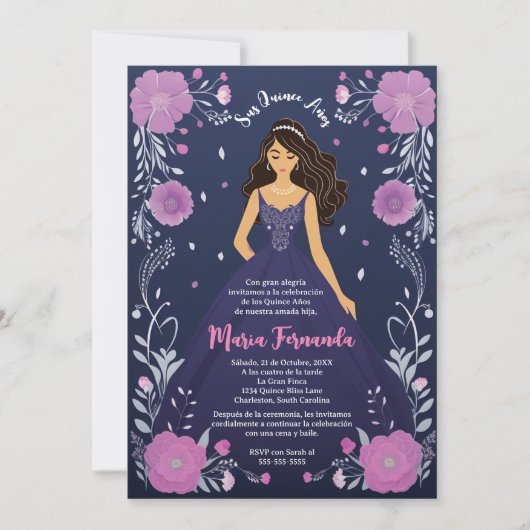 Elegant Bloemen Paarse Jurk Quinceañera Party Kaart (Voorkant)