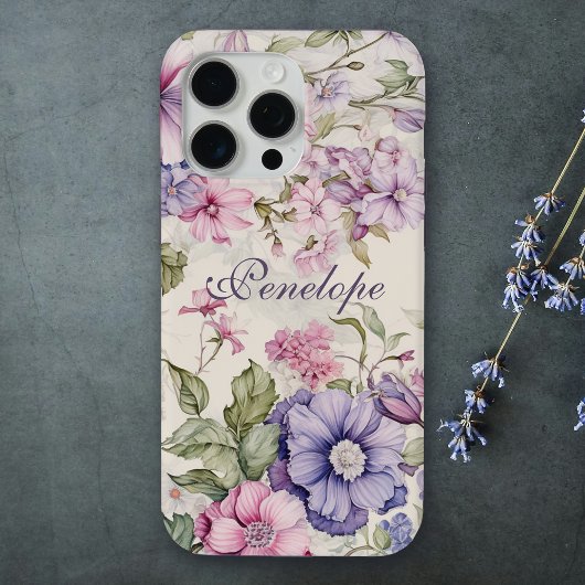 Elegant  Bloemen Paarse Roze Gepersonaliseerd Case-Mate iPhone Case