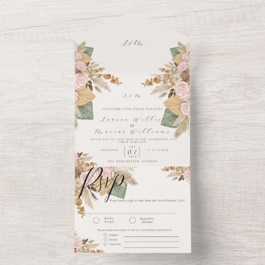 Elegant Bloemen Pampas Gras Alles in Een Bruiloft All In One Uitnodiging (Binnen)