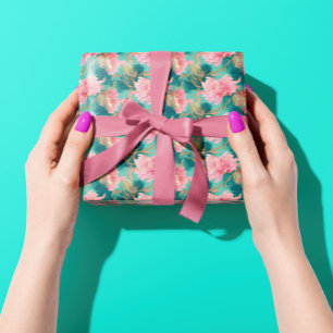 Elegant Bloemen Pastel Roze en Blauwgroen Blauw Cadeaupapier
