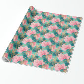 Elegant Bloemen Pastel Roze en Blauwgroen Blauw Cadeaupapier (Uitgerold)