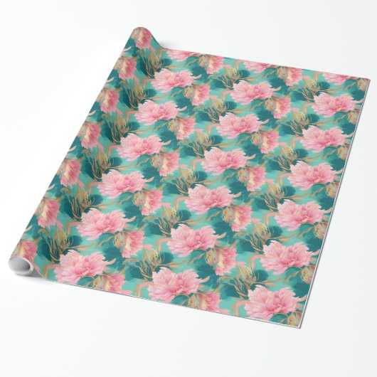Elegant Bloemen Pastel Roze en Blauwgroen Blauw Cadeaupapier (Uitgerold)