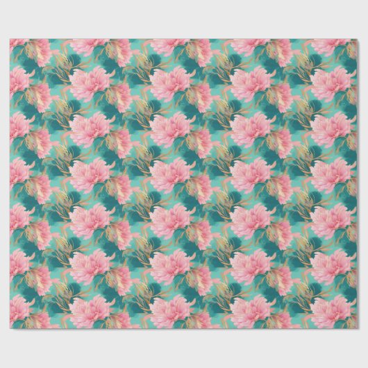 Elegant Bloemen Pastel Roze en Blauwgroen Blauw Cadeaupapier (Vlak)