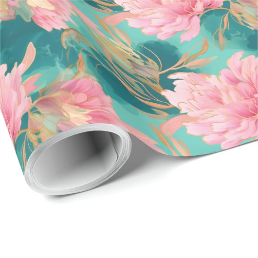 Elegant Bloemen Pastel Roze en Blauwgroen Blauw Cadeaupapier (Rol Hoek)