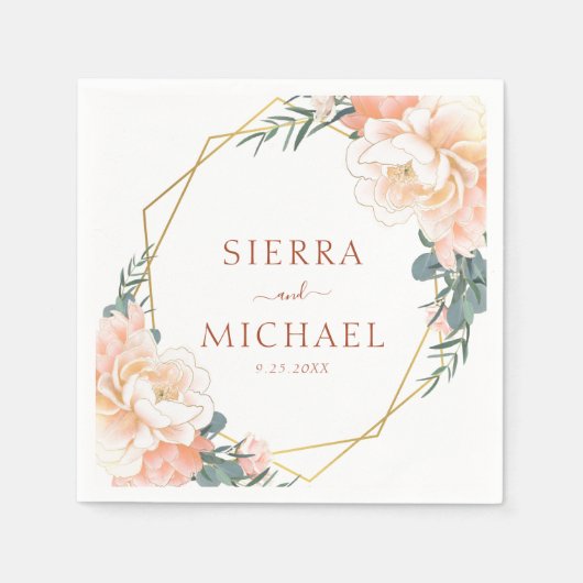 Elegant Bloemen Perzik Goud Terracotta Bruiloft Servet (Voorkant)