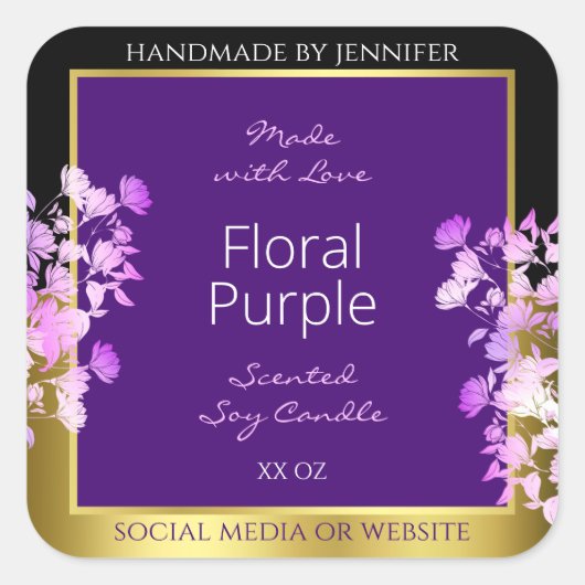 Elegant Bloemen Productlabel Zwart Goud en Paarse Vierkante Sticker (Voorkant)