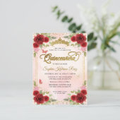 Elegant Bloemen Rood Roze Goud Tiara Quinceañera Briefkaart (Staand voorkant)