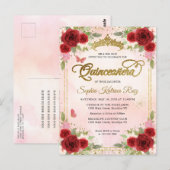 Elegant Bloemen Rood Roze Goud Tiara Quinceañera Briefkaart (Voorkant / Achterkant)