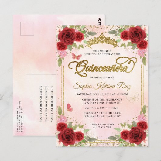 Elegant Bloemen Rood Roze Goud Tiara Quinceañera Briefkaart (Voorkant / Achterkant)