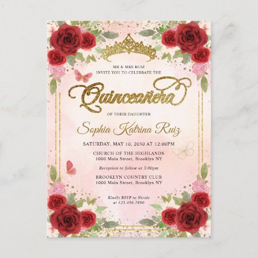 Elegant Bloemen Rood Roze Goud Tiara Quinceañera Briefkaart (Voorkant)