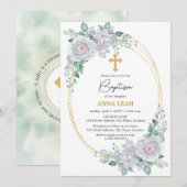 Elegant Bloemen Roos Gouden Kruis Doop Kaart (Voorkant / Achterkant)