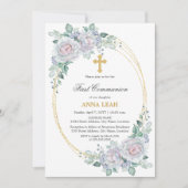 Elegant Bloemen Roos Gouden Kruis Eerste Communie Kaart (Voorkant)