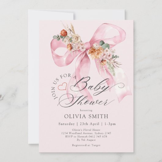 Elegant Bloemen Roze Bow Baby shower Kaart (Voorkant)
