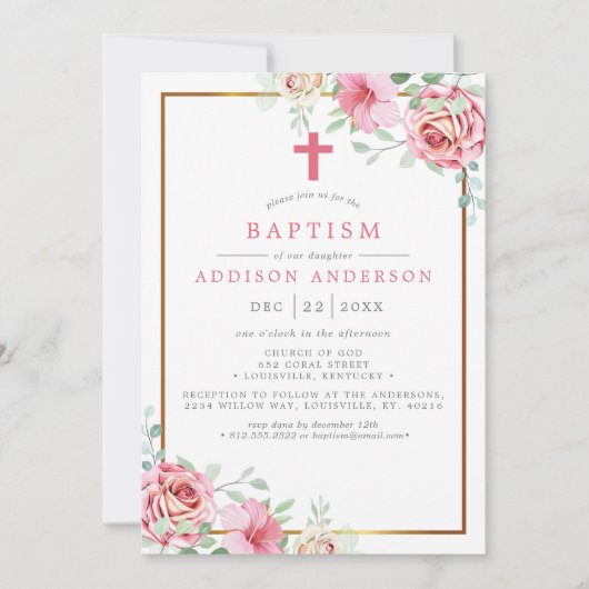 Elegant Bloemen Roze en Goud met Cross Baptism Kaart (Voorkant)