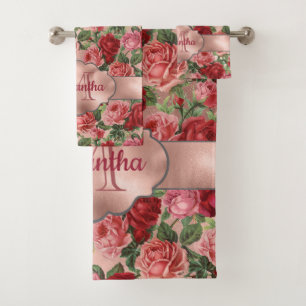 Elegant Bloemen Roze Rose Goud Monogrammed Bad Handdoek