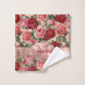 Elegant Bloemen Roze Rose Goud Monogrammed Bad Handdoek (Wasdoekje)