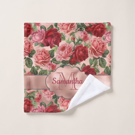  Elegant Bloemen Roze Rose Goud Monogrammed Bad Handdoek (Wasdoekje)