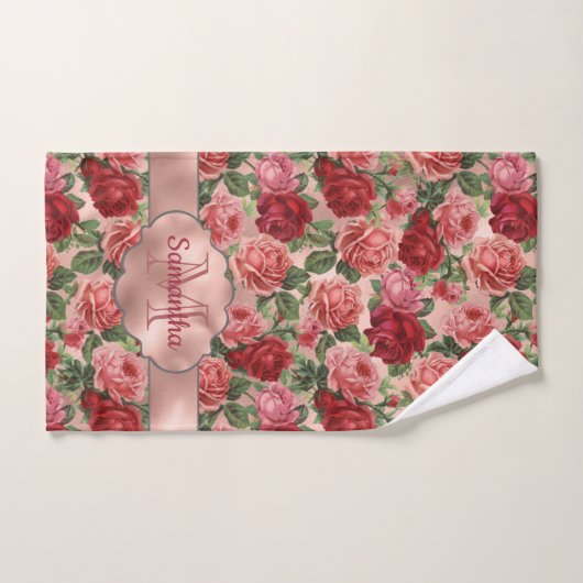 Elegant Bloemen Roze Rose Goud Monogrammed Bad Handdoek (Handdoek)