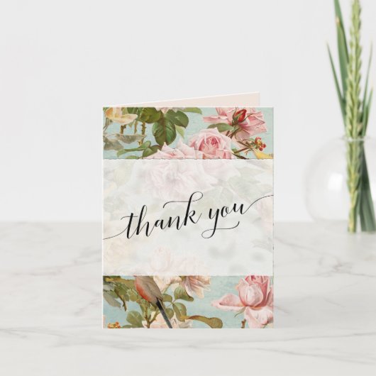 Elegant Bloemen Roze Script Dank u Foto Bedankkaart (Voorkant)