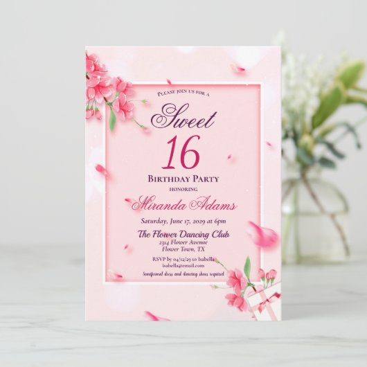 Elegant Bloemen Roze Zoet Zestien Verjaardagsfeest Kaart (Staand voorkant)
