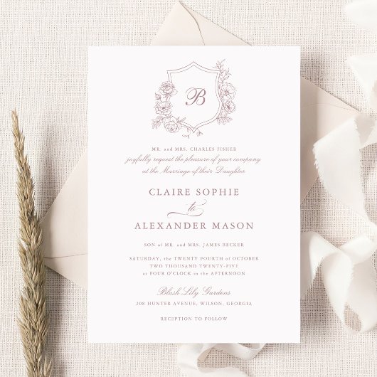 Elegant Bloemen Rozen Crest Bruiloft Monogram Kaart