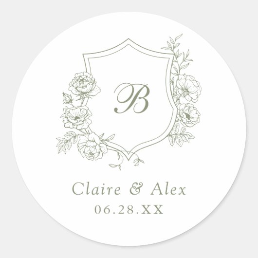 Elegant Bloemen Rozen Crest Bruiloft Monogram Ronde Sticker (Voorkant)