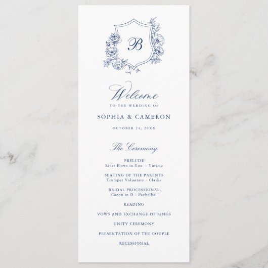 Elegant Bloemen Rozen Crest Monogram Blauw Bruilof Programmakaart (Voorkant)